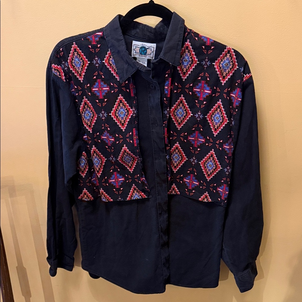 Black Shirt with Colorful Geometric Patterns